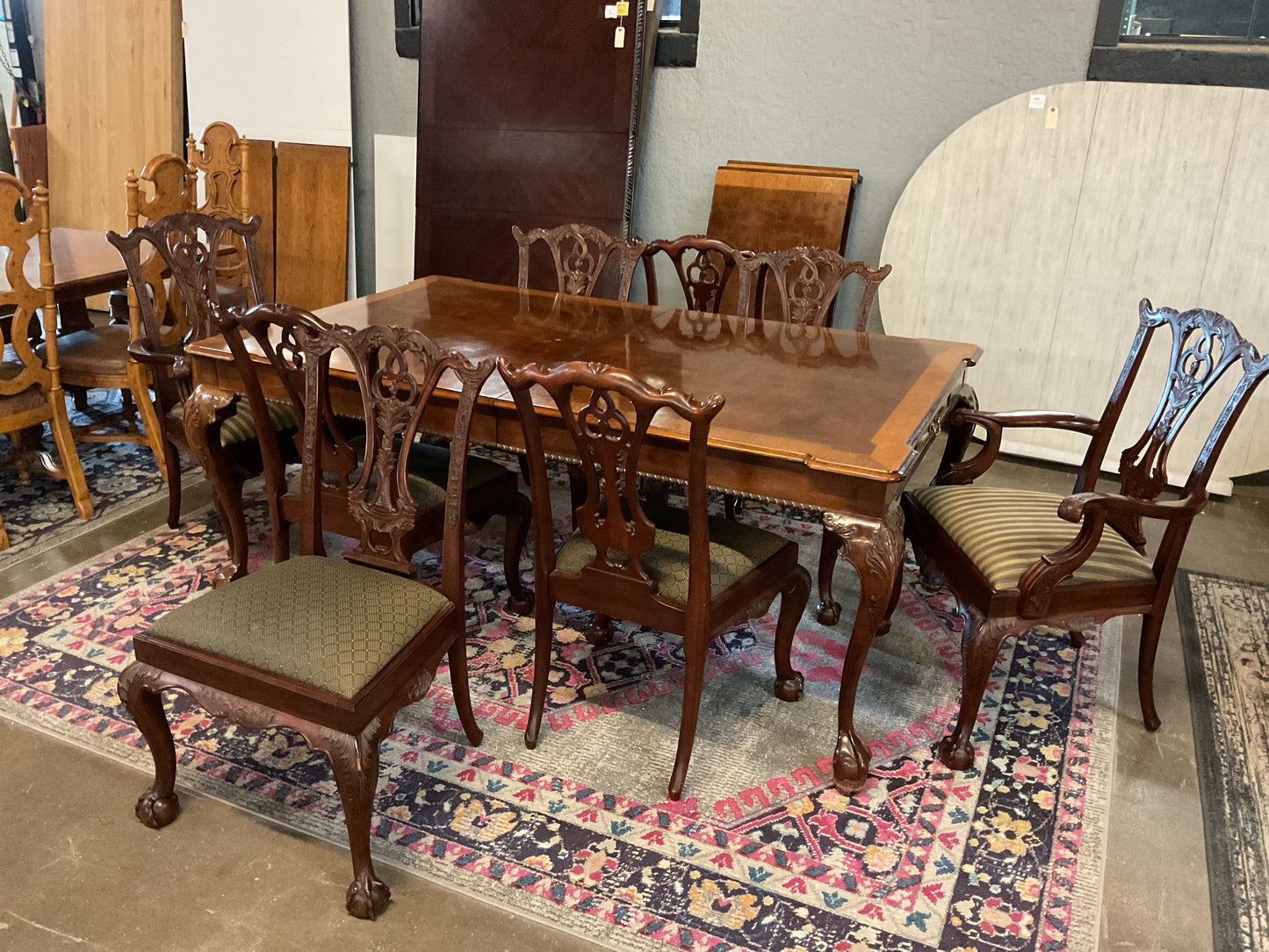 Elegant Dining Table w/Flat Wear Drawers 2 Leafs w/Intricate Set of 8 Chairs by Maitland Smith