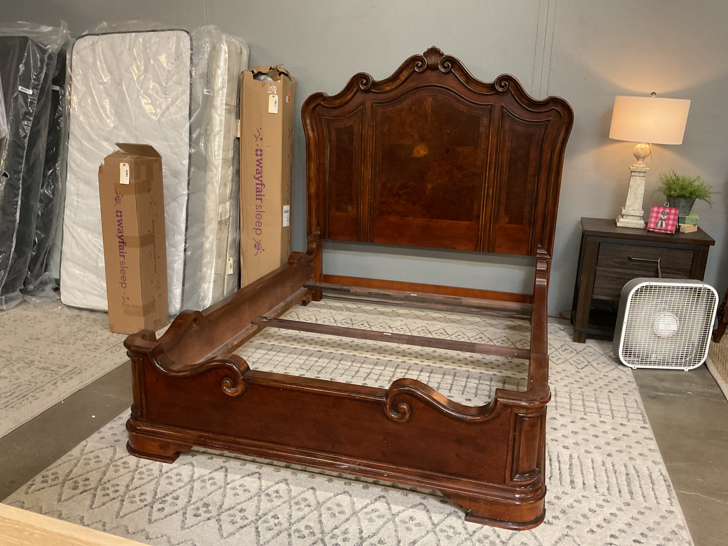 Queen Anne Style Burl Wood Queen Bed