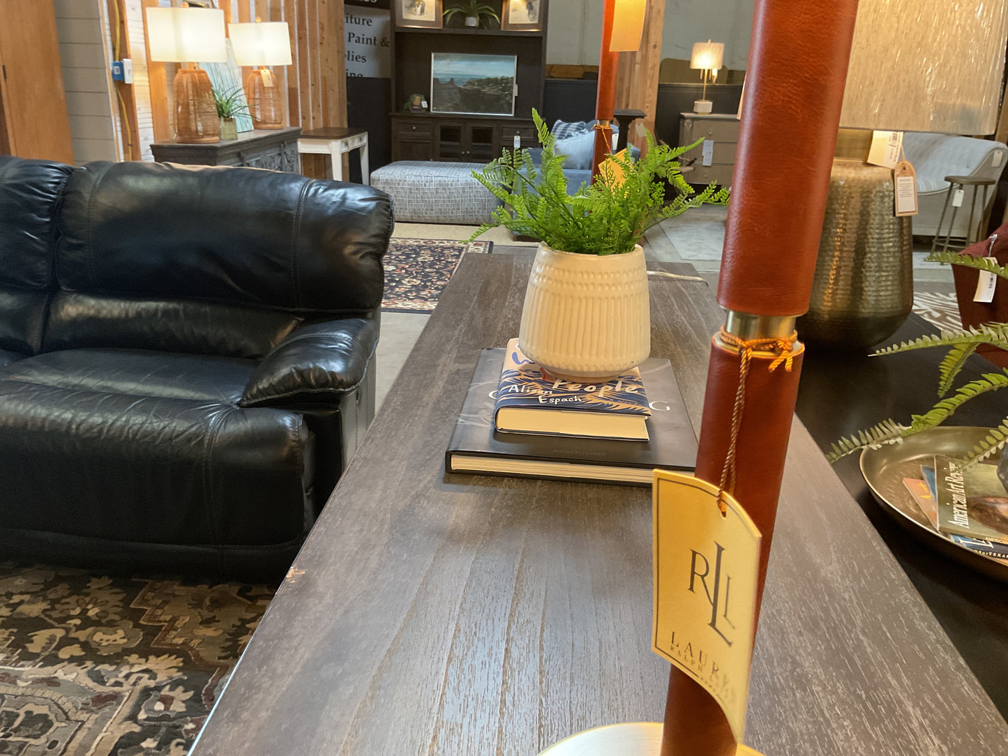 Ralph Lauren Leather & Brass Lamp w/ Metal Shade