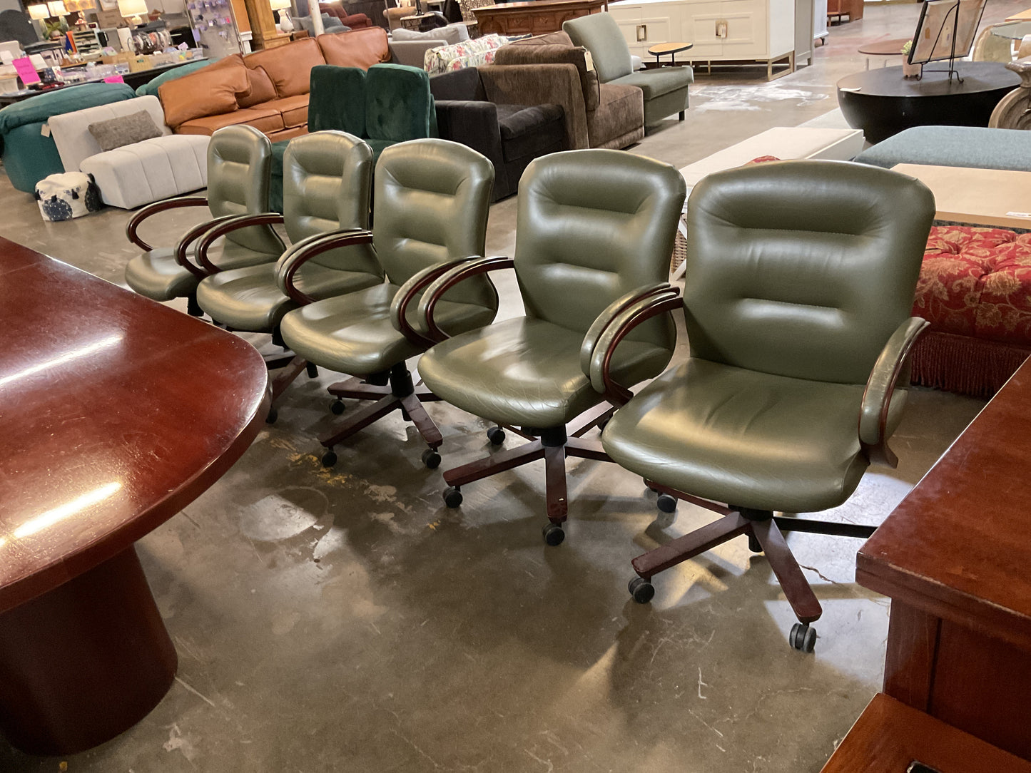Set of 10 Green Leather Office Chairs