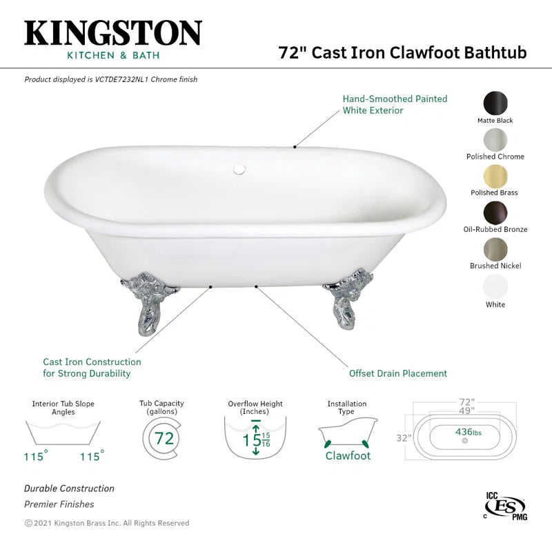 Kingston Brass 72” Cast Iron Clawfoot Tub