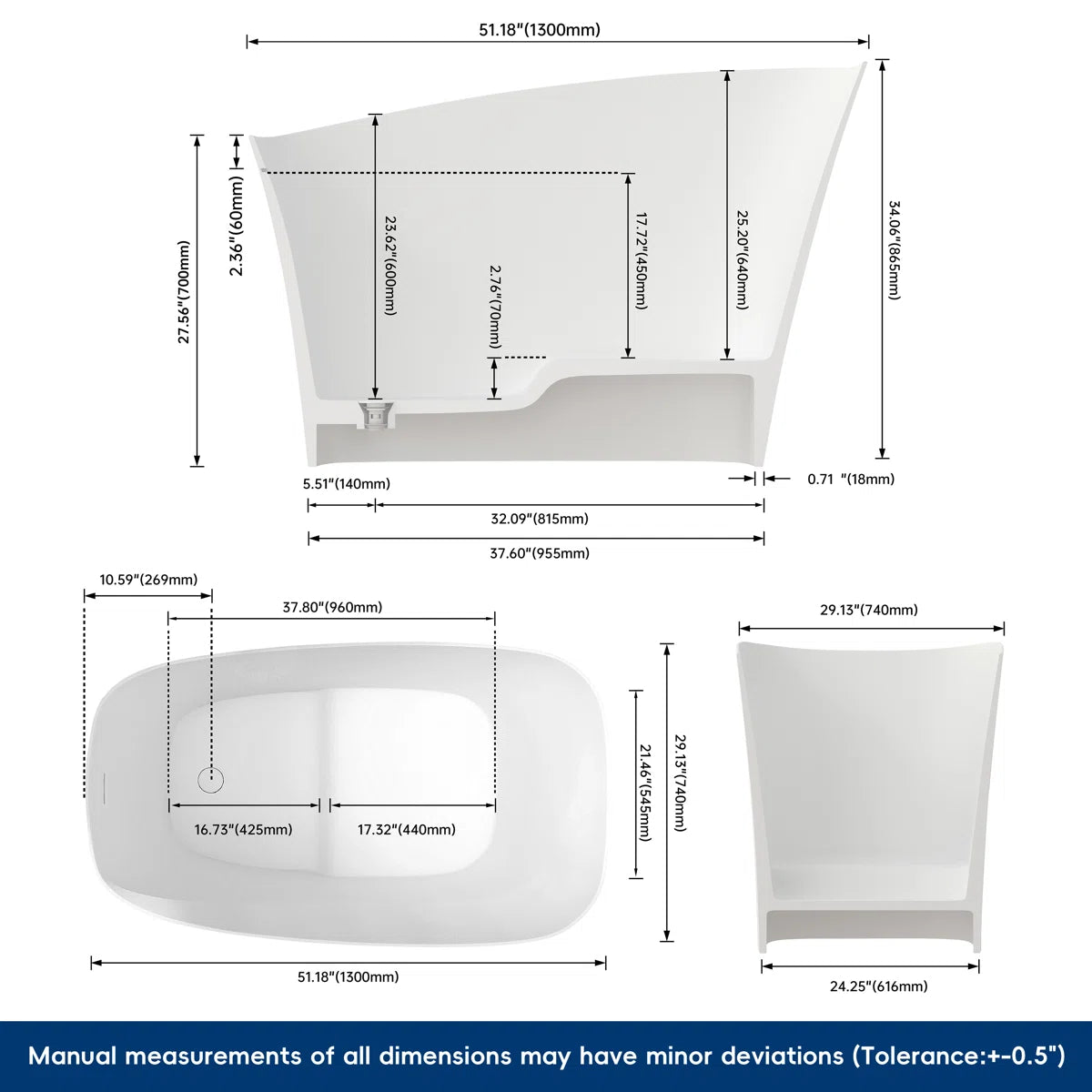 Japanese 51” Freestanding Deep Soaking Tub